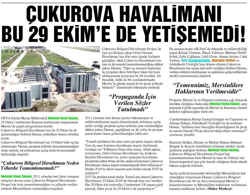ÇUKUROVA HAVALİMANI BU 29 EKİM'E DE YETİŞEMEDİ!
