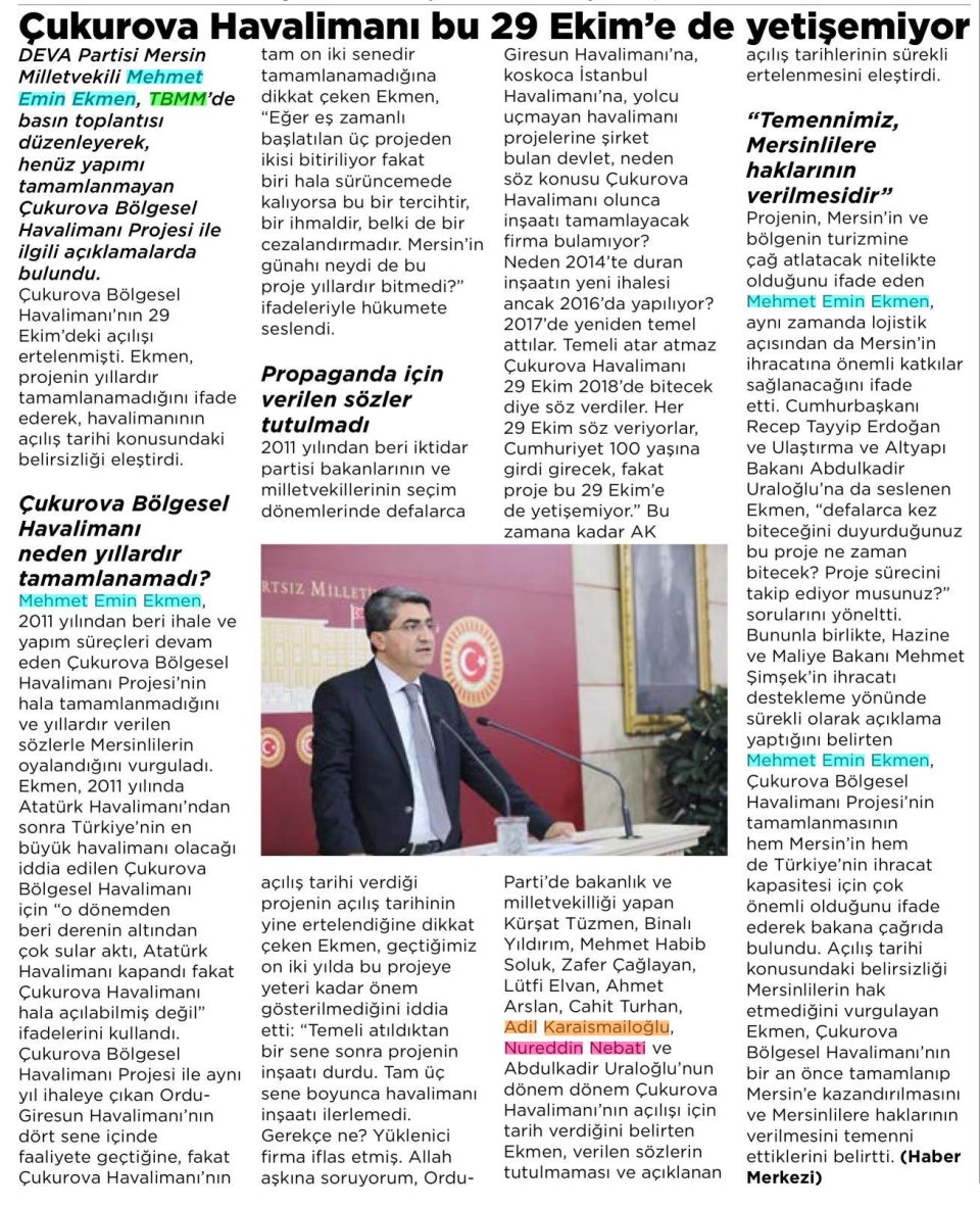 ÇUKUROVA HAVALİMANI BU 29 EKİM'E DE YETİŞEMİYOR
