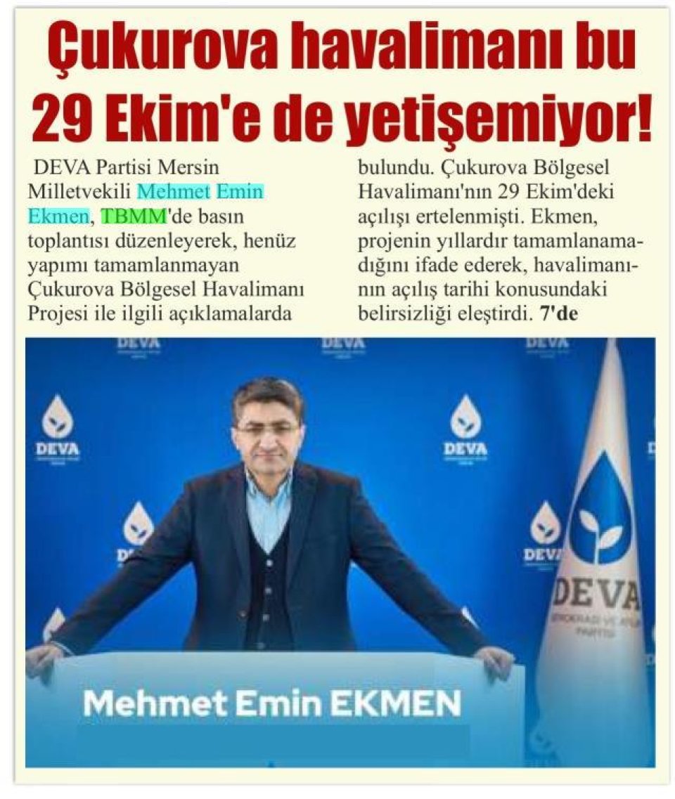 ÇUKUROVA HAVALİMANI BU 29 EKİME DE YETİŞEMİYOR!