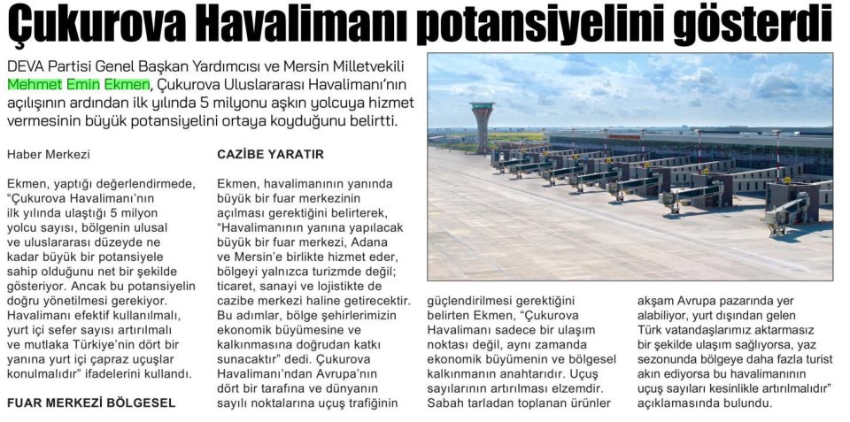 ÇUKUROVA HAVALİMANI POTANSİYELİNİ GÖSTERDİ