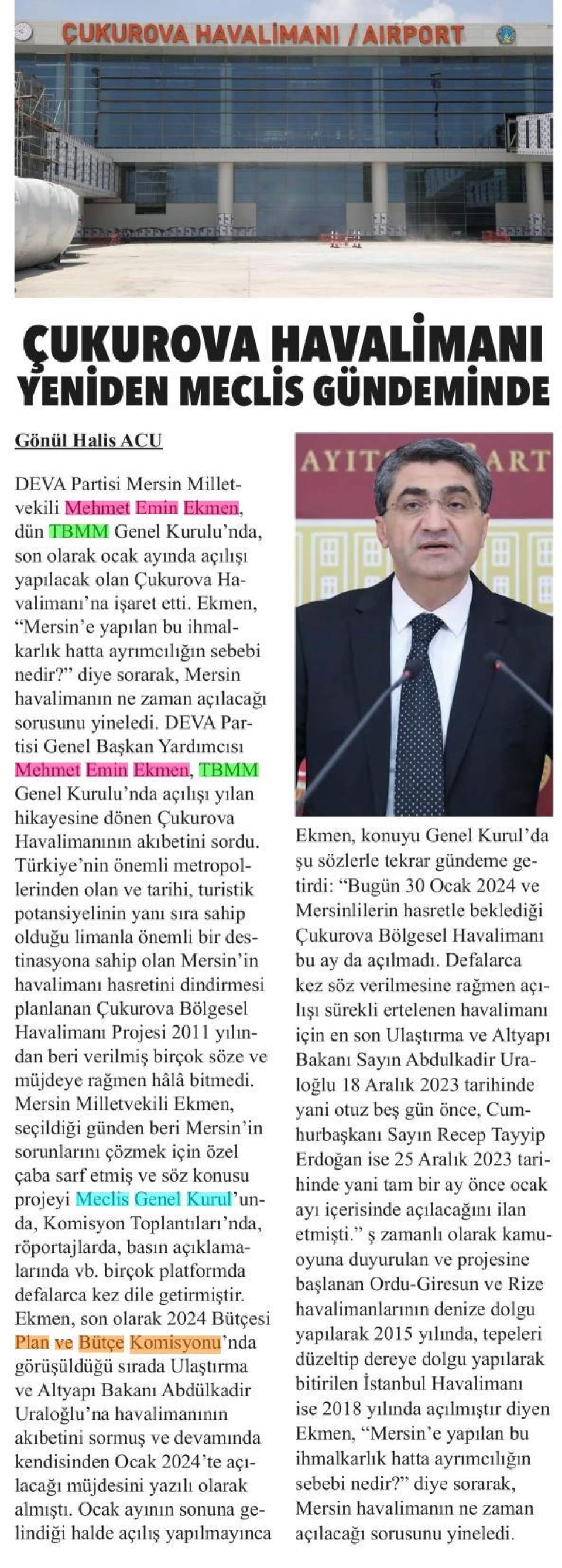 ÇUKUROVA HAVALİMANI YENİDEN MECLİS GÜNDEMİNDE