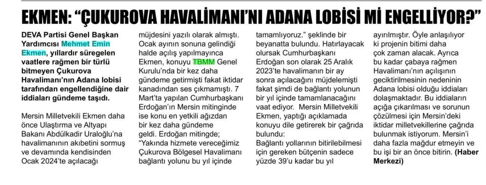 ÇUKUROVA HAVALİMANINI ADANA LOBİSİ Mİ ENGELLİYOR?