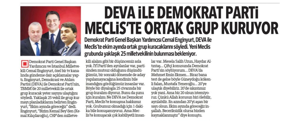 DEVA İLE DEMOKRAT PARTİ MECLİSTE ORTAK GRUP KURUYOR