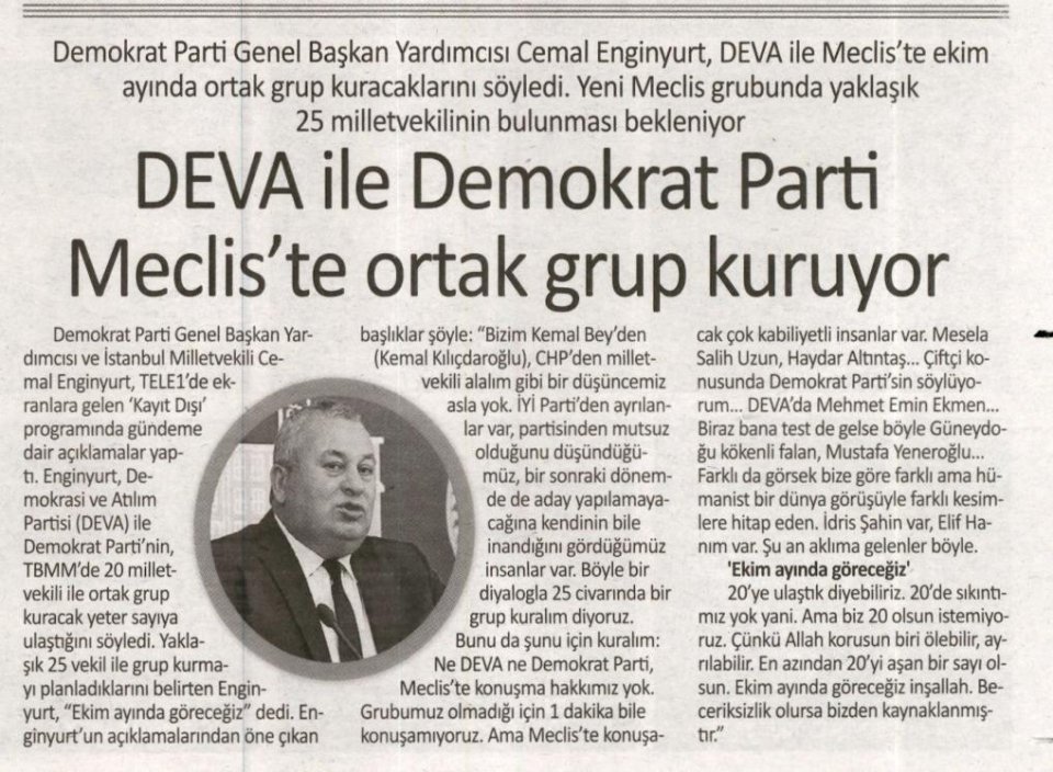 DEVA İLE DEMOKRAT PARTİ MECLİS'TE ORTAK GURUP KURUYOR