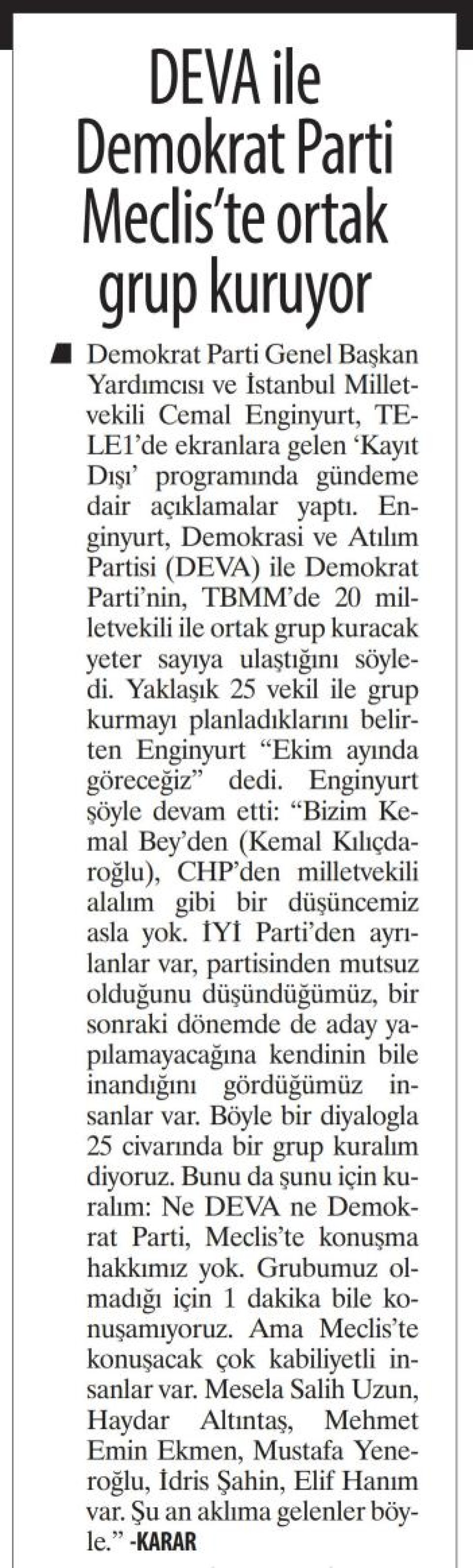DEVA İLE DEMOKRAT PARTİ MEDİS'TE ORTAK GRUP KURUYOR