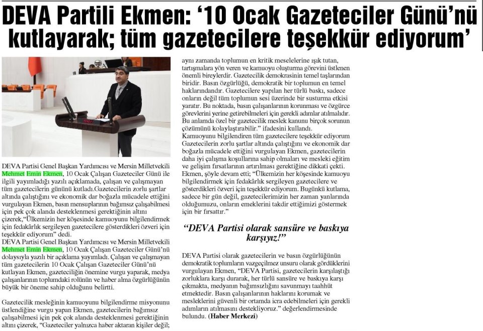 DEVA PARTİLİ EKMEN: '10 OCAK GAZETECİLER GÜNÜ'NÜ KUTLAYARAK; TÜM GAZETECİLERE TEŞEKKÜR EDİYORUM'
