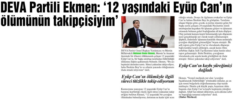 DEVA PARTİLİ EKMEN: '12 YAŞINDAKİ EYÜP CAN'IN ÖLÜMÜNÜN TAKİPÇİSİYİM'