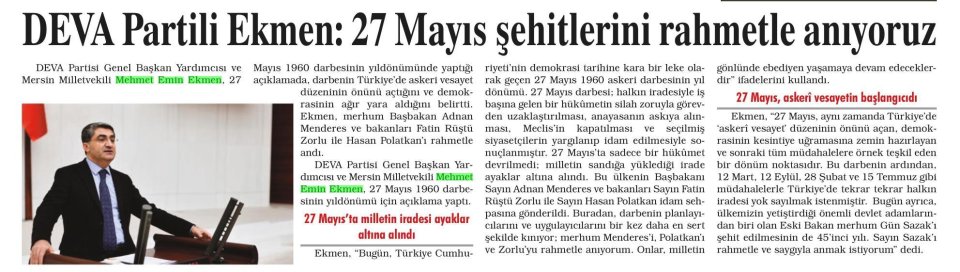 DEVA PARTİLİ EKMEN: 27 MAYIS ŞEHİTLERİNİ RAHMETLE ANIYORUZ