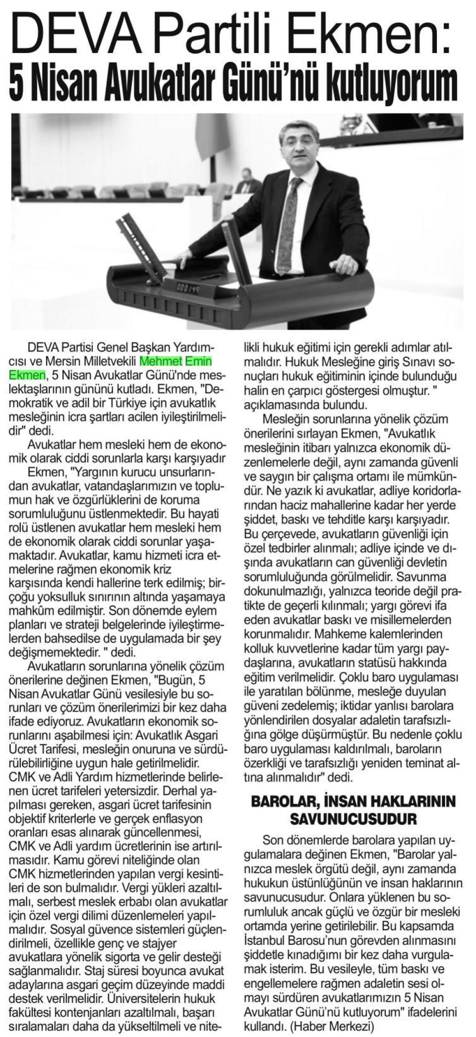 DEVA PARTİLİ EKMEN: 5 NİSAN AVUKATLAR GÜNÜ'NÜ KUTLUYORUM