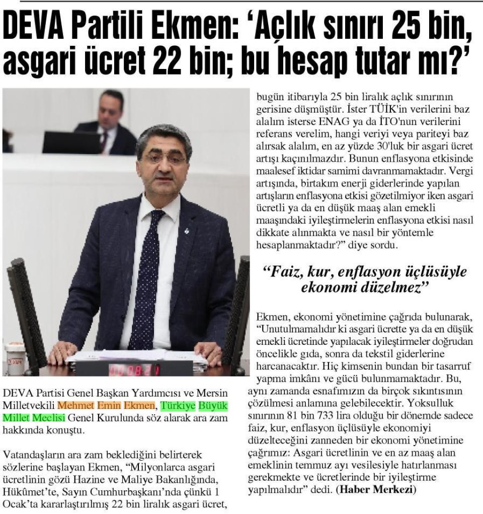 DEVA PARTİLİ EKMEN : AÇLIK SINIRI 25 BİN, ASGARİ ÜCRET 22 BİN; BU HESAP TUTAR MI ?