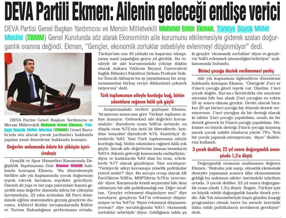 DEVA PARTİLİ EKMEN: AİLENİN GELECEĞİ ENDİŞE VERİCİ