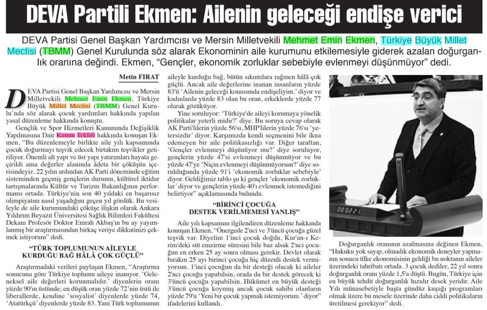 DEVA PARTİLİ EKMEN: AİLENİN GELECEĞİ ENDİŞE VERİCİ