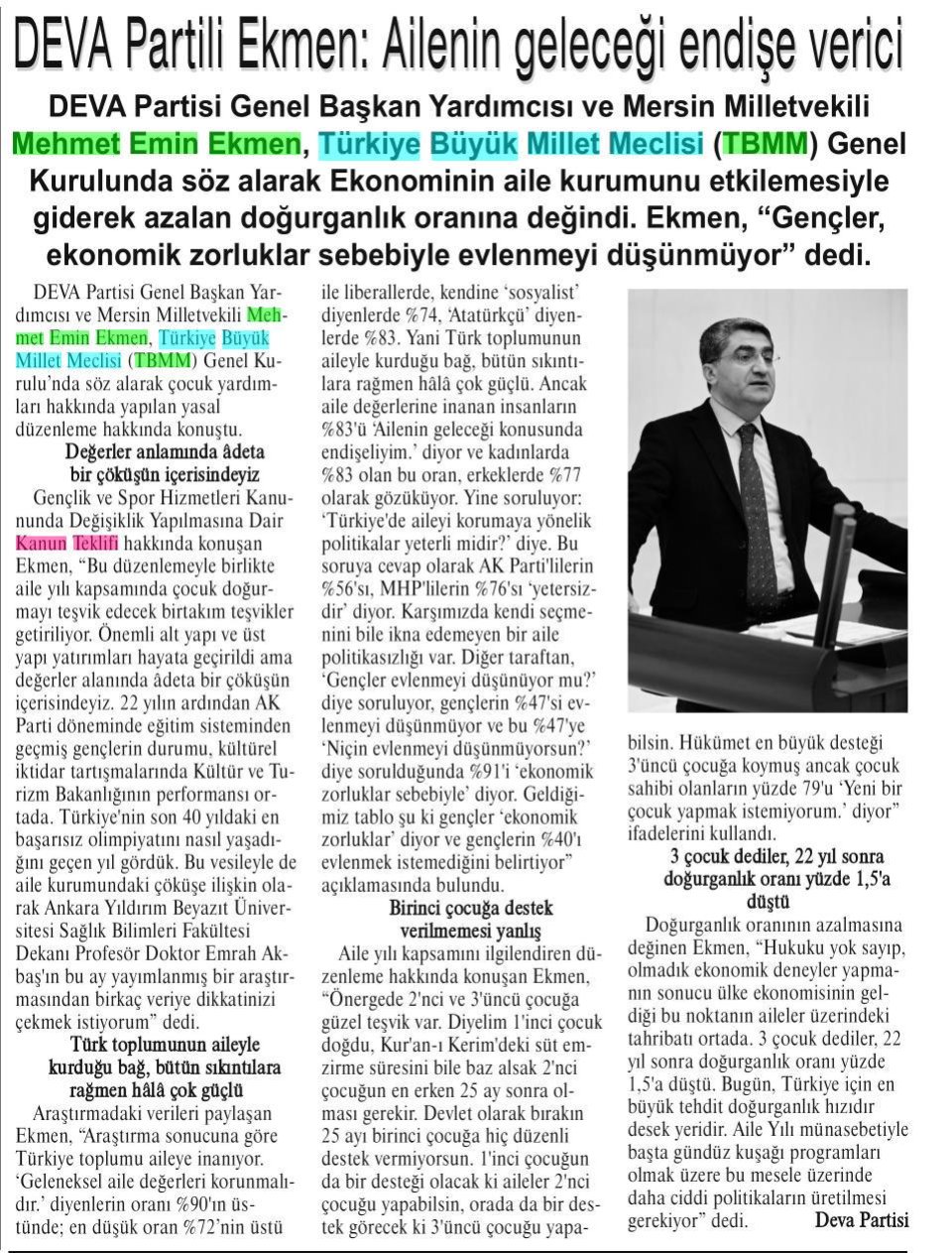 DEVA PARTİLİ EKMEN: AİLENİN GELECEĞİ ENDİŞE VERİCİ