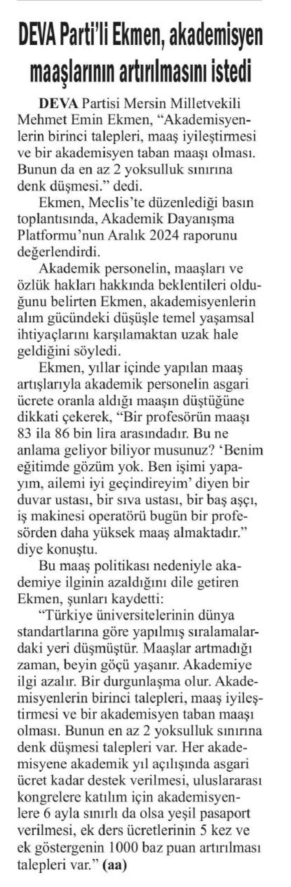 DEVA PARTİLİ EKMEN, AKADEMİSYEN MAAŞLARININ ARTIRILMASINI İSTEDİ