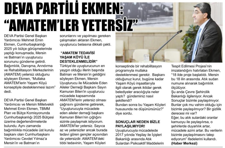 DEVA PARTİLİ EKMEN: AMATEMLER YETERSİZ