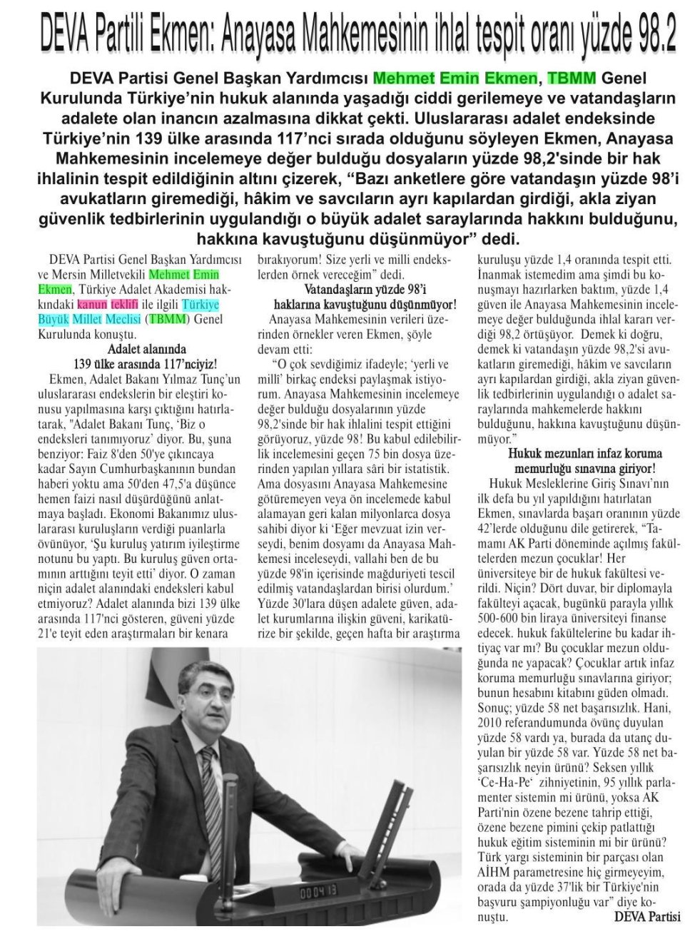 DEVA PARTİLİ EKMEN: ANAYASA MAHKEMESİNİN İHLAL TESPİT ORANI YÜZDE 98.2