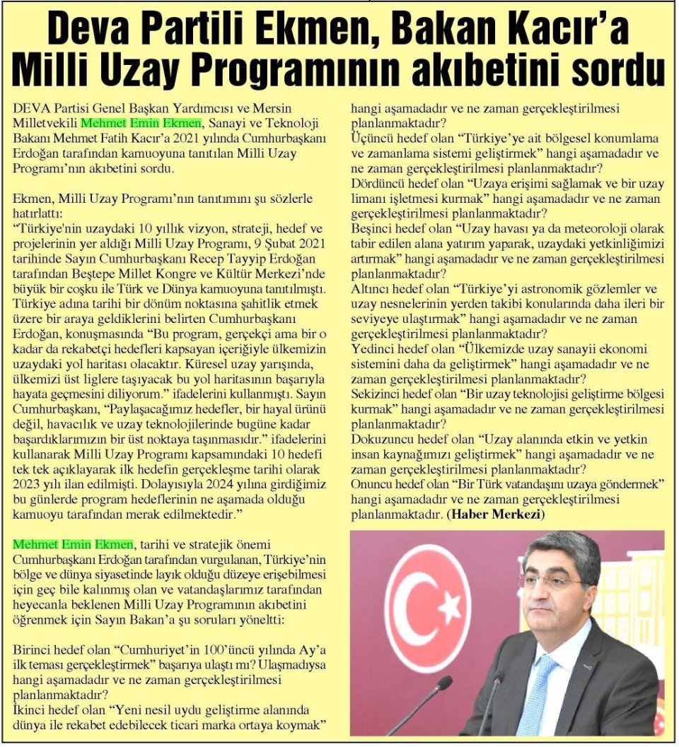 DEVA PARTİLİ EKMEN, BAKAN KACIR'A MİLLİ UZAY PROGRAMININ AKIBETİNİ SORDU