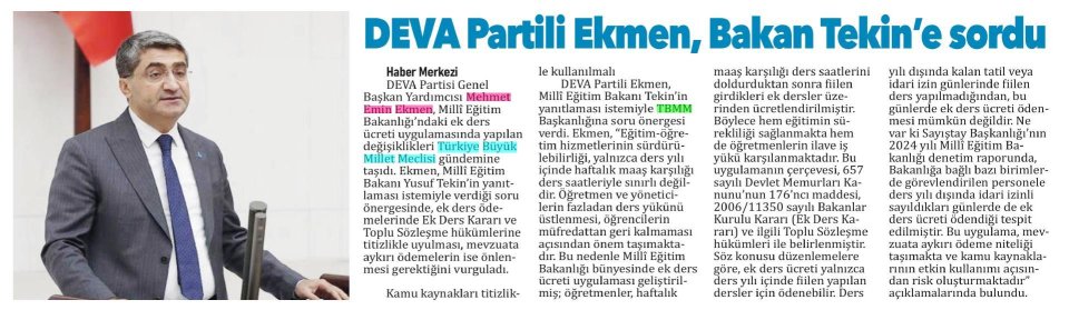 DEVA PARTİLİ EKMEN, BAKAN TEKİN'E SORDU