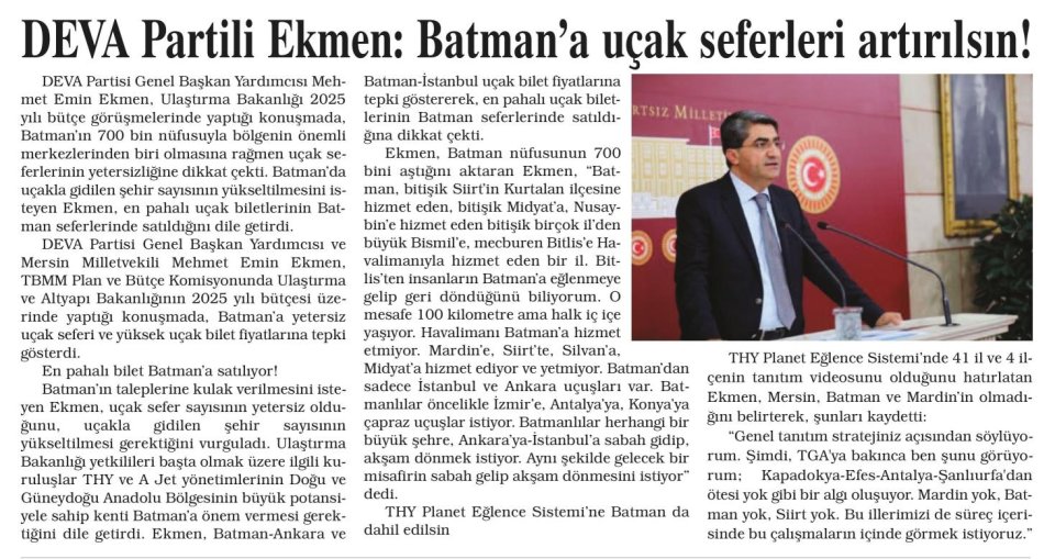 DEVA PARTİLİ EKMEN: BATMAN'A UÇAK SEFERLERİ ARTIRILSIN!