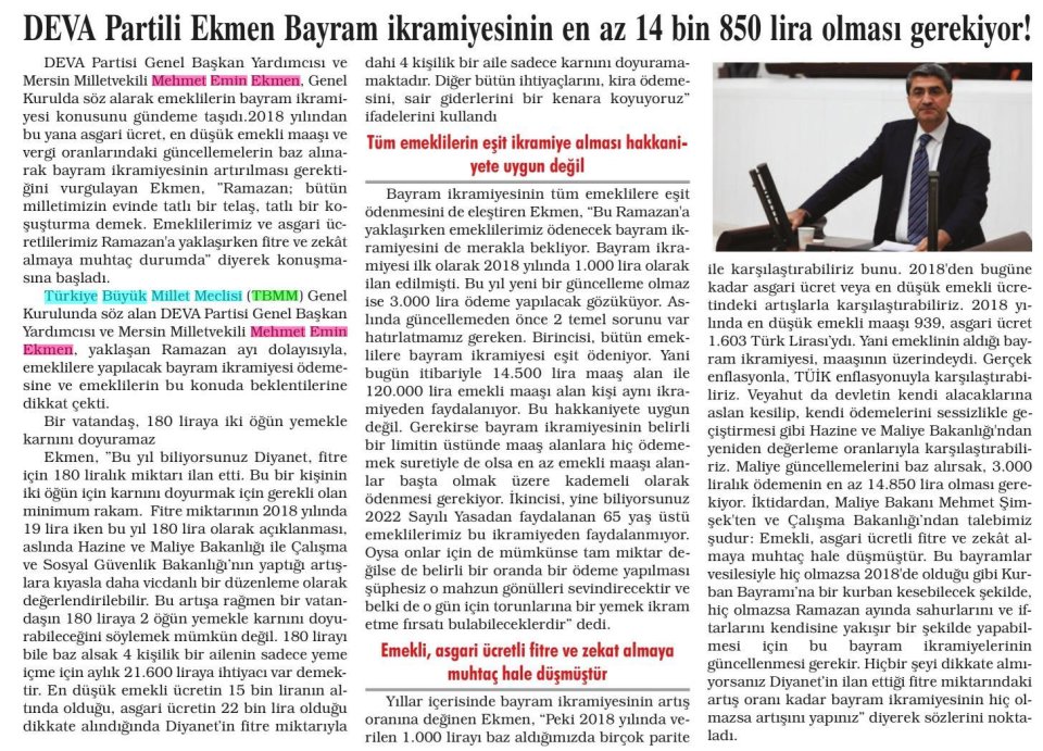 DEVA PARTİLİ EKMEN BAYRAM İKRAMİYESİNİN EN AZ 14 BİN 850 LİRA OLMASI GEREKİYOR!