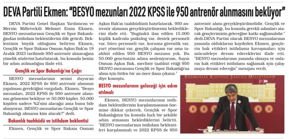 DEVA PARTİLİ EKMEN: ''BESYO MEZUNLRI 2022 KPSS İLE 950 ANTRENÖR ALINMASINI BEKLİYOR''