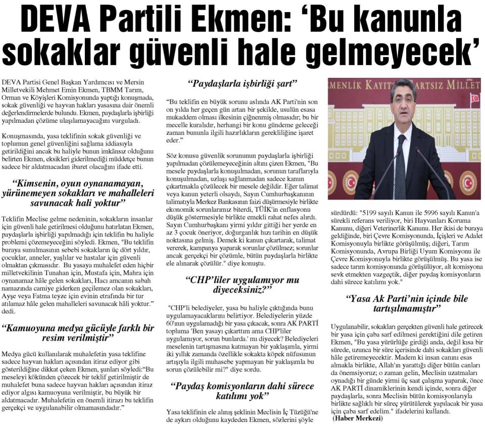 DEVA PARTİLİ EKMEN : 'BU KANUNLA SOKAKLAR GÜVENLİ HALE GELMEYECEK'