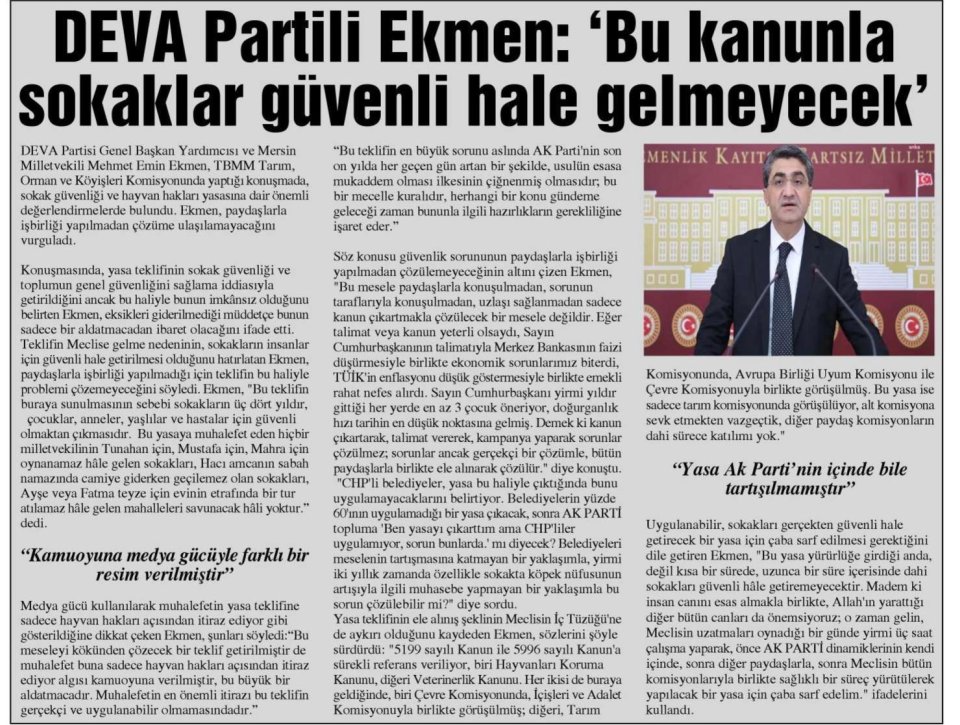 DEVA PARTİLİ EKMEN : 'BU KANUNLA SOKAKLAR GÜVENLİ HALE GELMEYECEK''