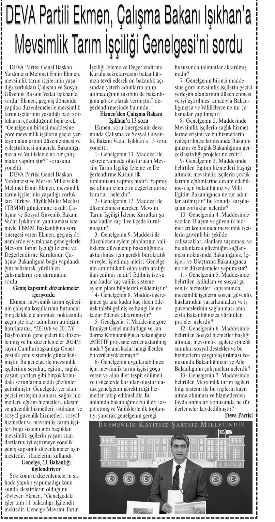 DEVA PARTİLİ EKMEN, ÇALIŞMA BAKANI IŞIKHAN'A MEVSİMLİK TARIM İŞÇİLİĞİ GENELGESİ'Nİ SORDU
