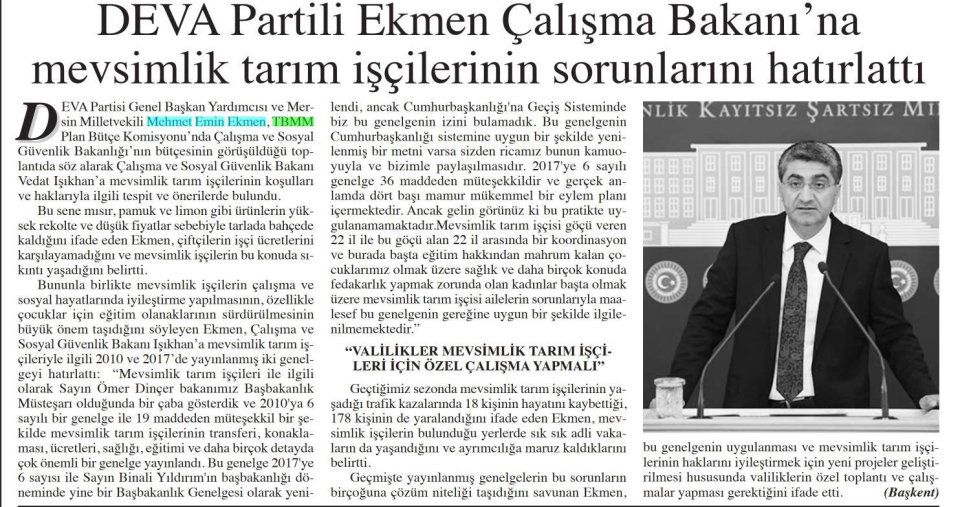 DEVA PARTİLİ EKMEN ÇALIŞMA BAKANI'NA MEVSİMLİK TARIM İŞÇİLERİNİN SORUNLARINI HATIRLATTI