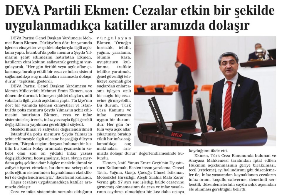 DEVA PARTİLİ EKMEN: CEZALAR ETKİN BİR ŞEKİLDE UYGULANMADIKÇA KATİLLER ARAMIZDA DOLAŞIR