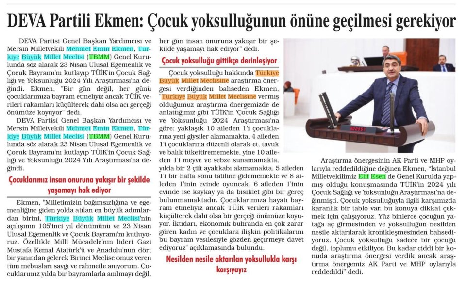 DEVA PARTİLİ EKMEN: ÇOCUK YOKSULLUĞUNUN ÖNÜNE GEÇİLMESİ GEREKİYOR