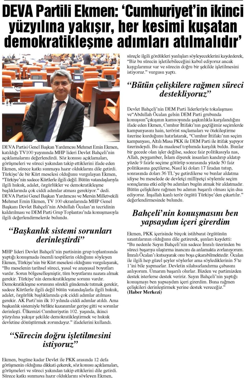 DEVA PARTİLİ EKMEN CUMHURİYETİN İKİNCİ YÜZYILINA YAKIŞIR