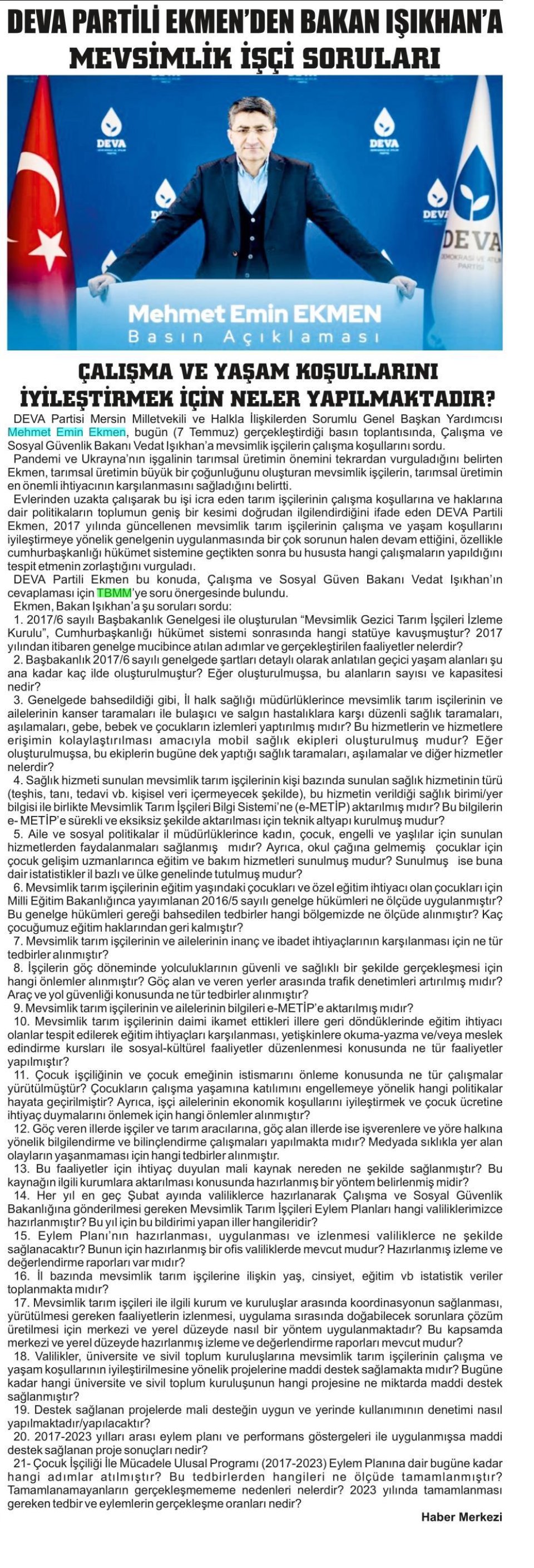 DEVA PARTİLİ EKMEN'DEN BAKAN IŞIKHAN'A MEVSİMLİK İŞÇİ SORULARI