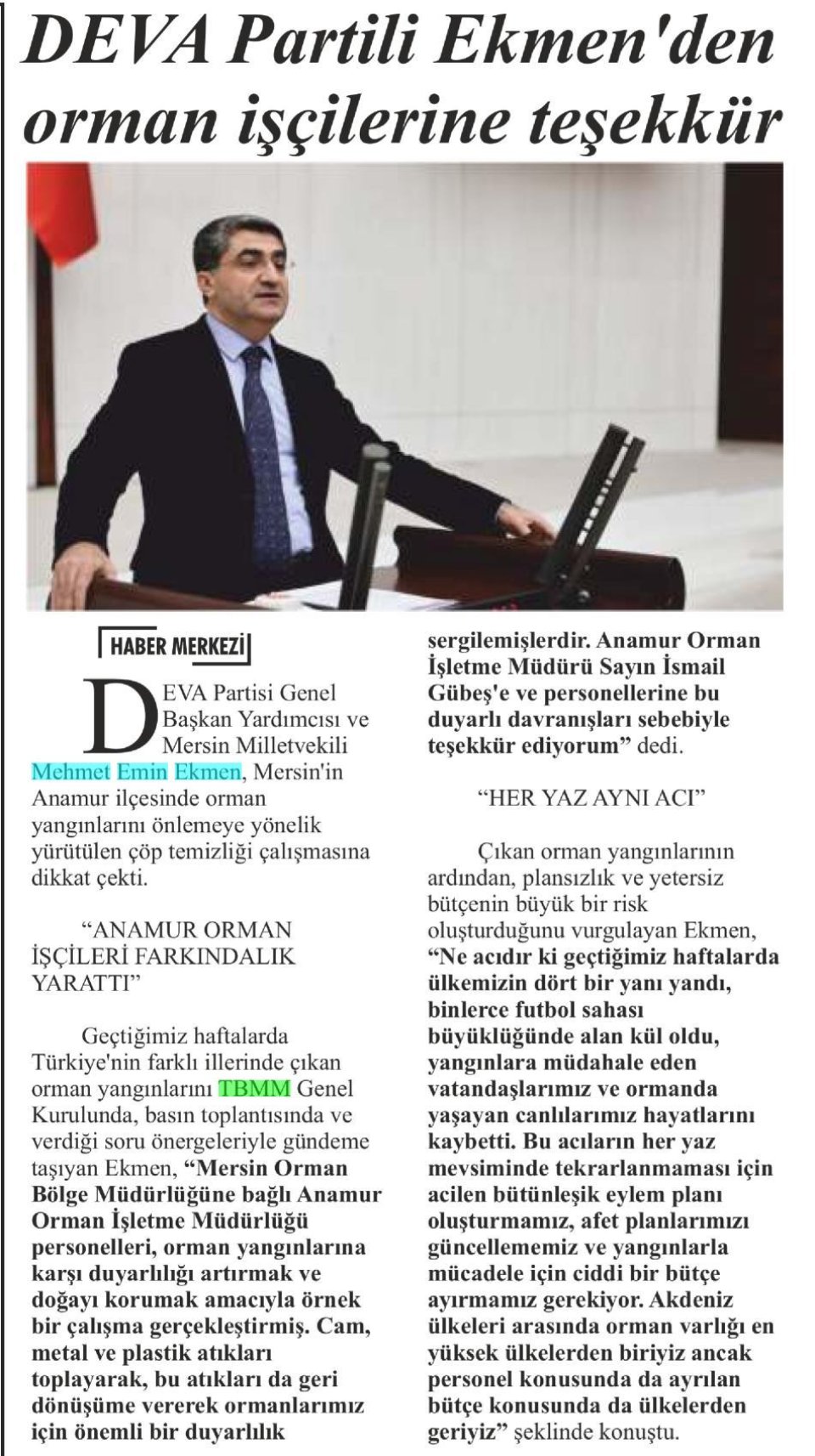DEVA PARTİLİ EKMEN 'DEN ORMAN İŞÇİLERİNE TEŞEKKÜR