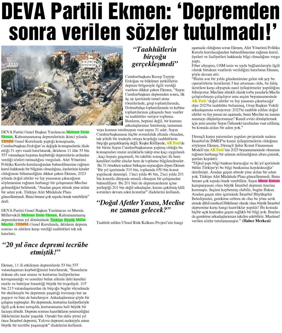 DEVA PARTİLİ EKMEN: 'DEPREMDEN SONRA VERİLEN SÖZLER TUTULMADI!'