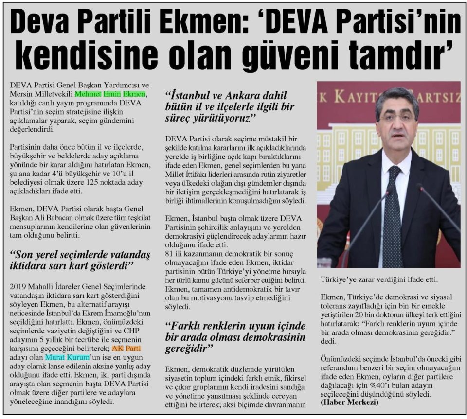 DEVA PARTİLİ EKMEN: 'DEVA PARTİSİ'NİN KENDİSİNE OLAN GÜVENİ TAMDIR'