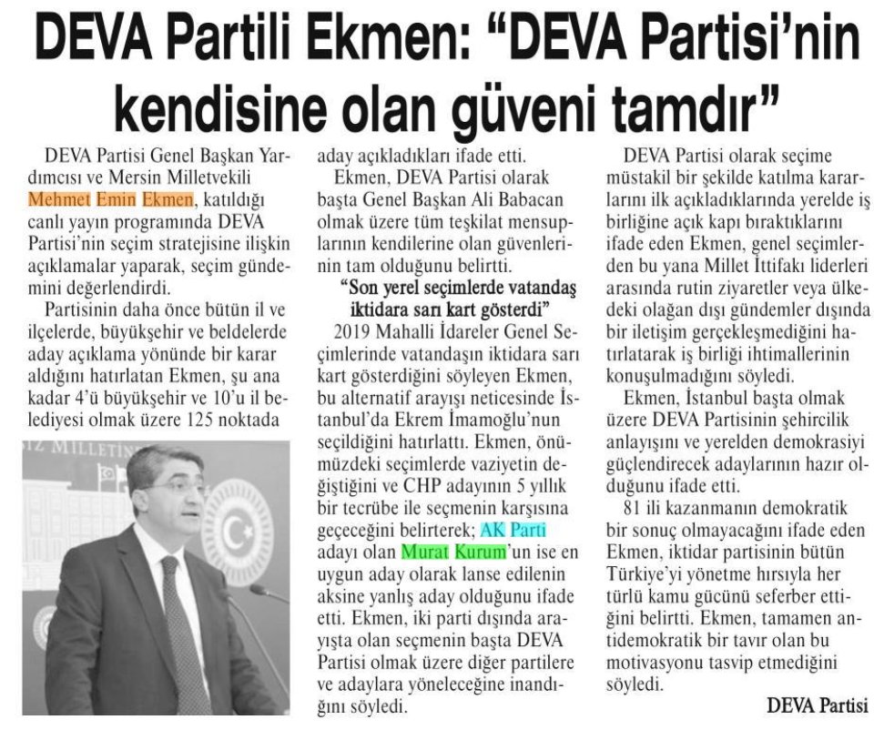 DEVA PARTİLİ EKMEN: DEVA PARTİSİ'NİN KENDİSİNE OLAN GÜVENİ TAMDIR
