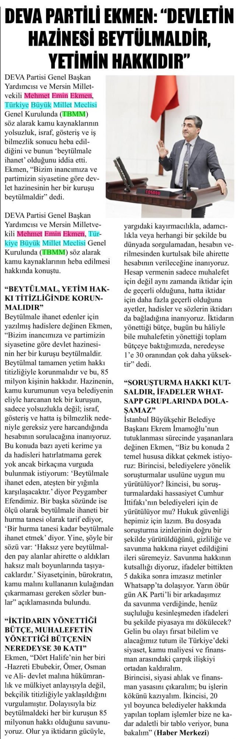 DEVA PARTİLİ EKMEN: DEVLETİN HAZİNESİ BEYTÜLMALDIR. YETİMİN HAKKIDIR
