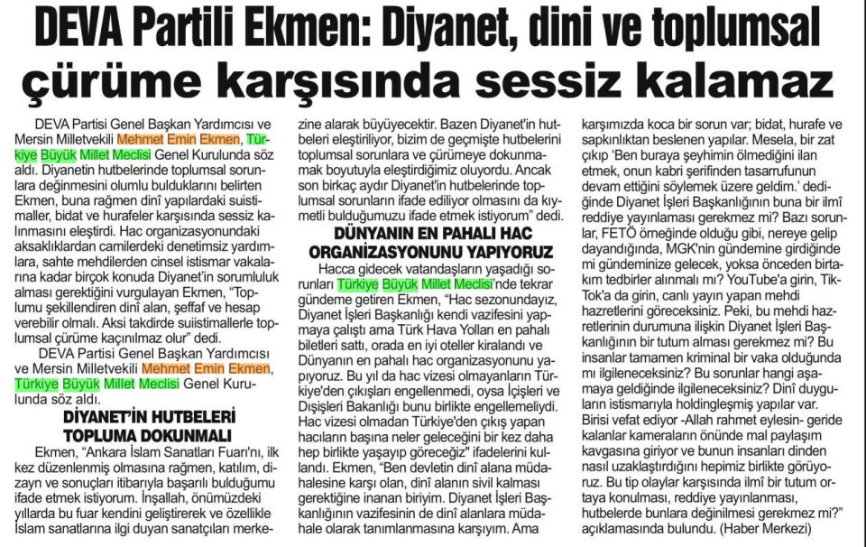  DEVA PARTİLİ EKMEN: DİYANET, DİNİ VE TOPLUMSAL ÇÜRÜME KARŞISINDA SESSİZ KALAMAZ