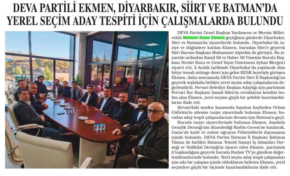 DEVA PARTİLİ EKMEN, DİYARBAKIR, SİİRT VE BATMAN'DA YEREL SEÇİM ADAY TESPİTİ İÇİN ÇALIŞMALARDA BULUNDU