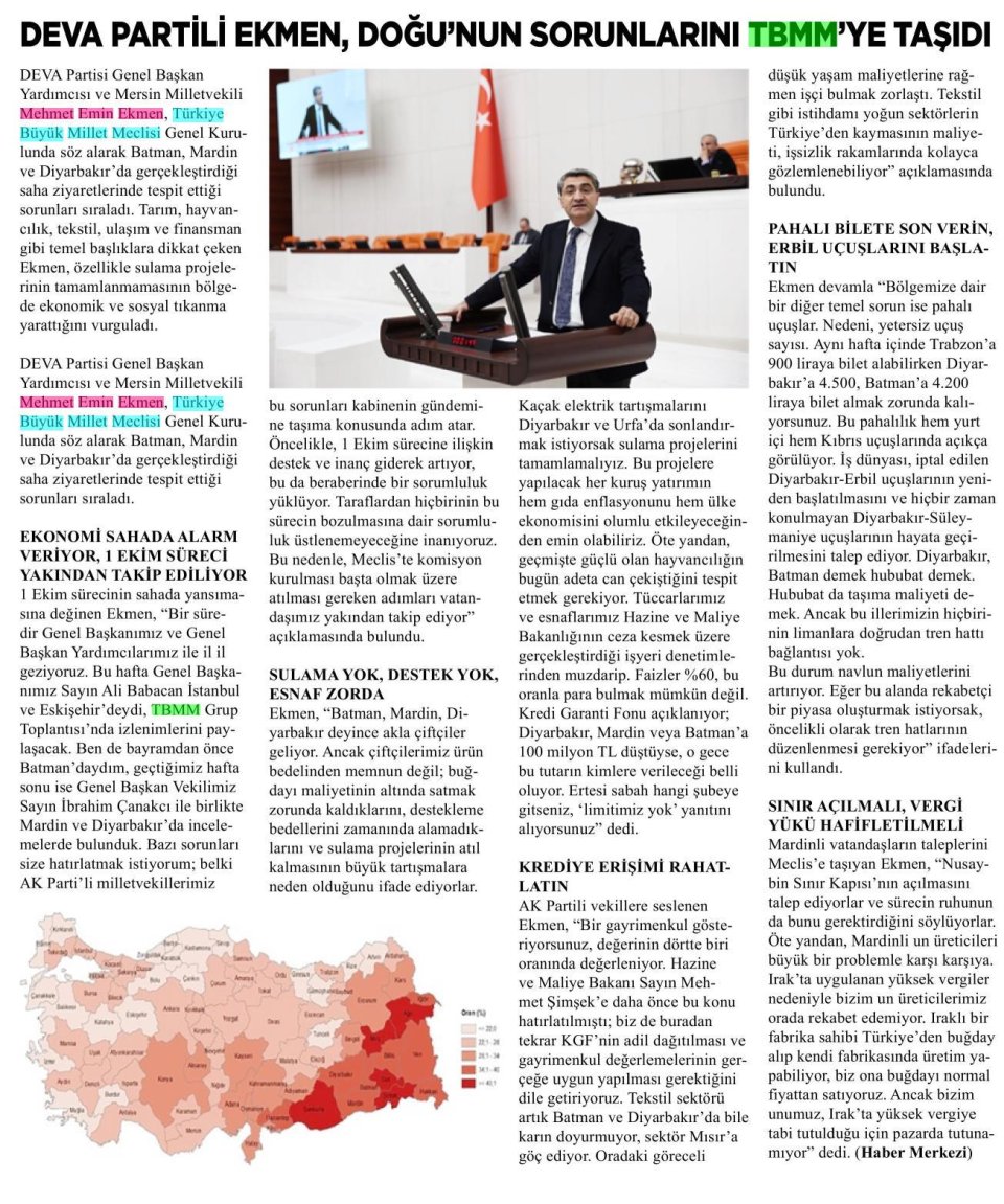 DEVA PARTİLİ EKMEN, DOĞU'NUN SORUNLARINI TBMM'YE TAŞIDI