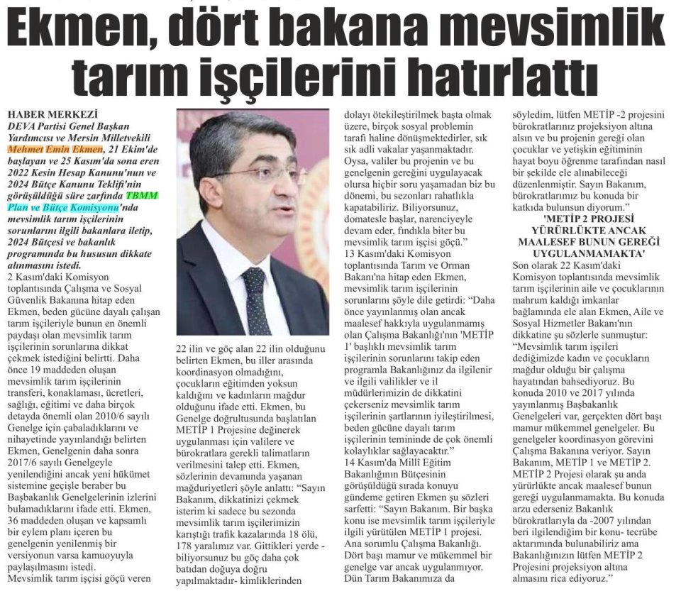 DEVA PARTİLİ EKMEN, DÖRT BAKANA MEVSİMLİK TARIM İŞÇİLERİNİ HATIRLATTI