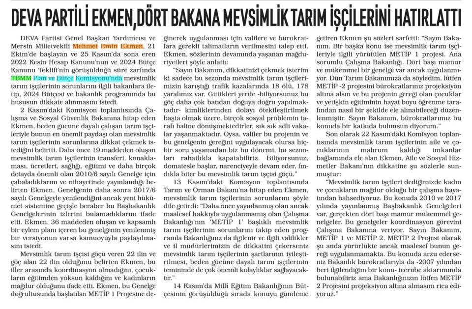 DEVA PARTİLİ EKMEN, DÖRT BAKANA MEVSİMLİK TARIM İŞÇİLERİNİ HATIRLATTI