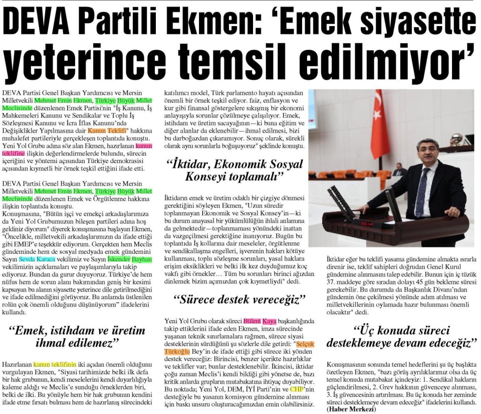 DEVA PARTİLİ EKMEN: 'EMEK SİYASETTE YETERİNCE TEMSİL EDİLMİYOR'