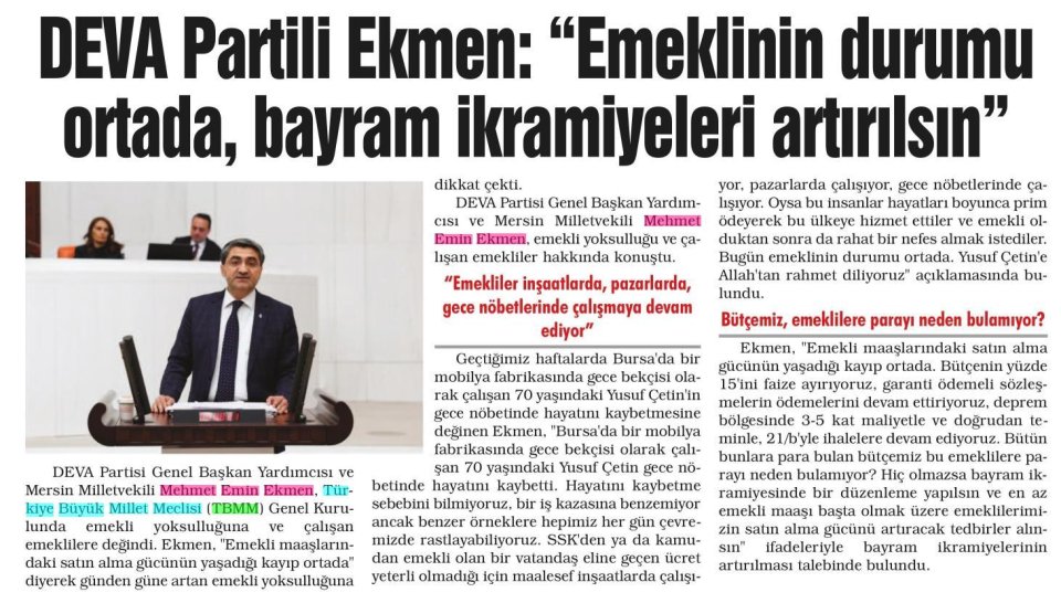 DEVA PARTİLİ EKMEN: ''EMEKLİNİN DURUMU ORTADA, BAYRAM İKRAMİYELERİ ARTIRILSIN''