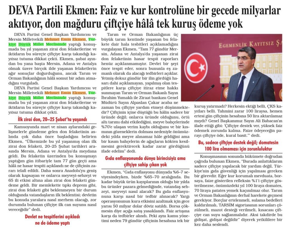 DEVA PARTİLİ EKMEN: FAİZ VE KUR KONTROLÜNE BİR GECEDE MİLYARLAR AKITIYOR, DON MAĞDURU ÇİFTÇİYE HALA TEK KURUŞ ÖDEME YOK