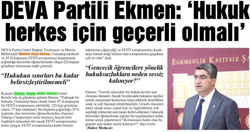 DEVA PARTİLİ EKMEN: HUKUK HERKES İÇİN GEÇERLİ OLMALI