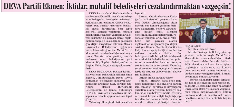 DEVA PARTİLİ EKMEN: İKTİDAR, MUHALİF BELEDİYELERİ CEZALANDIRMAKTAN VAZGEÇSİN!