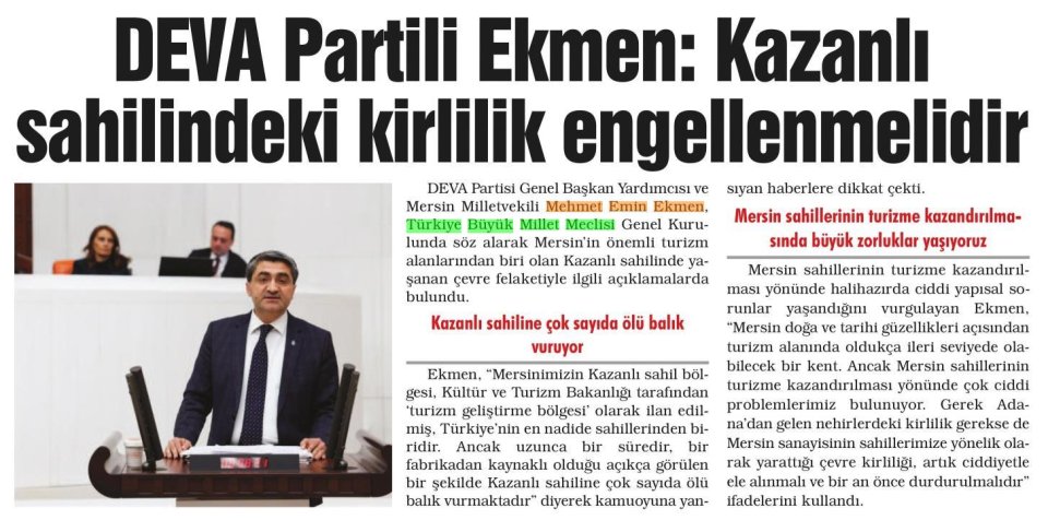 DEVA PARTİLİ EKMEN: KAZANLI SAHİLİNDEKİ KİRLİLİK ENGELLENMELİDİR