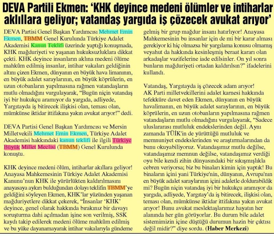 DEVA PARTİLİ EKMEN: 'KHK DEYİNCE MEDENİ ÖLÜMLER VE İNTİHARLAR AKLILLARA GELİYOR; VATANDAŞ YARGIDA İŞ ÇÖZECEK 